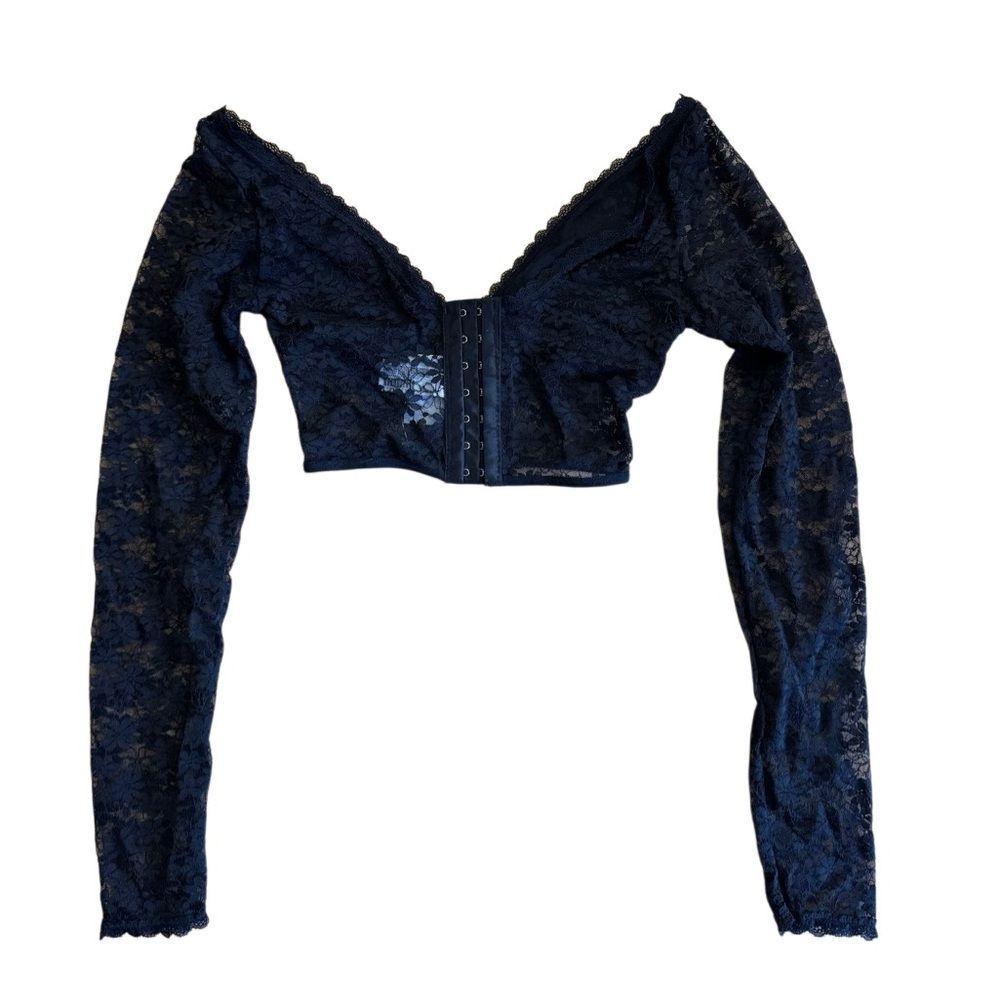 NWT Forever 21 Floral Lace Long Sleeve Cropped Lingerie V Neck Top Size Small - Picture 4 of 5